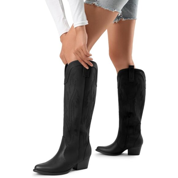 Women's Black-1 Comfortable Chunky Heel Embroidered Western Retro Knee High Boot - Picture 9 of 9